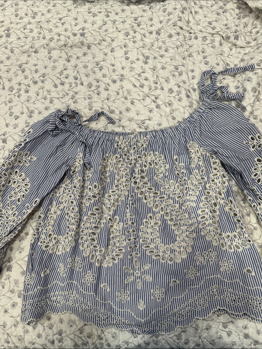 Off-Shoulder Blue & White Embroidered Peasant Top